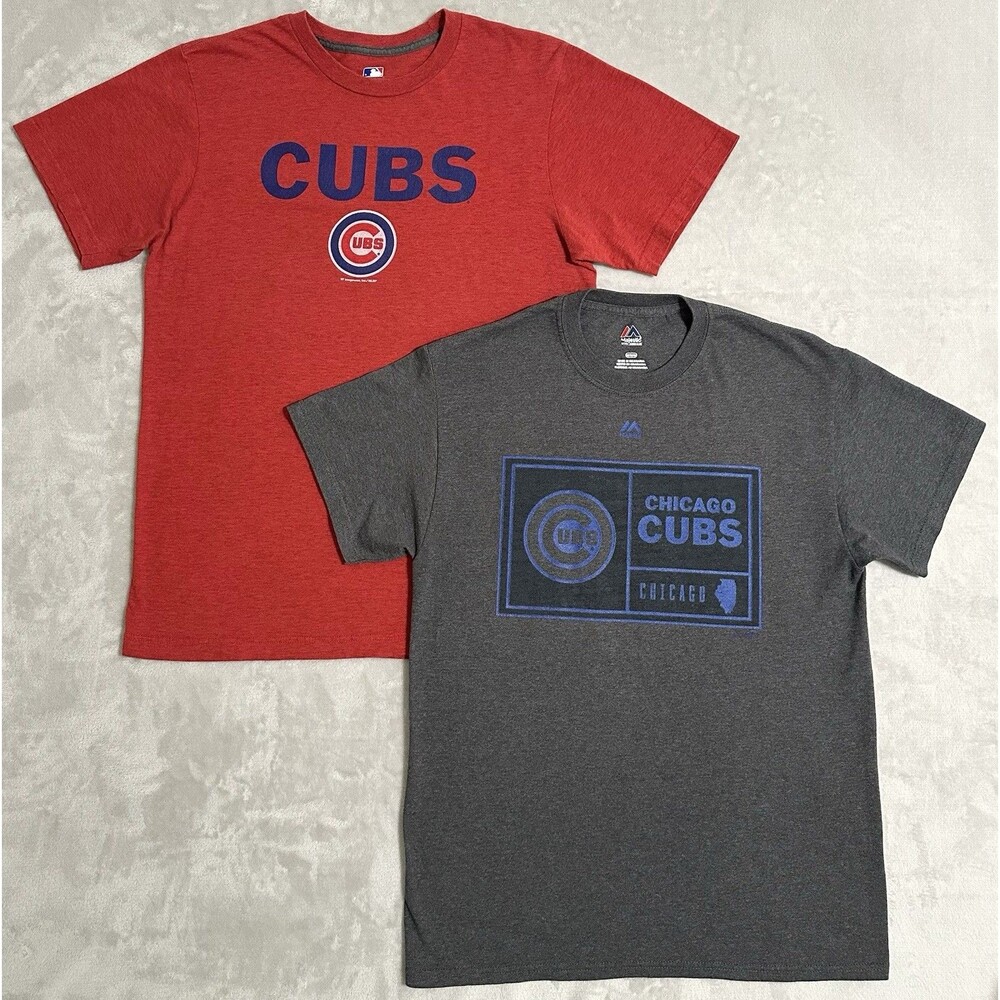 Chicago Cubs Men's M Lot of 2 Majestic MLB Baseball Graphic T-Shirts Red Gray